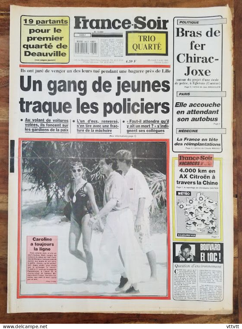 FRANCE-SOIR, Mercredi 3 Août 1988, Caroline De Monaco, Pampelonne, Lille, Chasse Aux Policiers, Accouchement, R.A.T.P - 1950 - Today