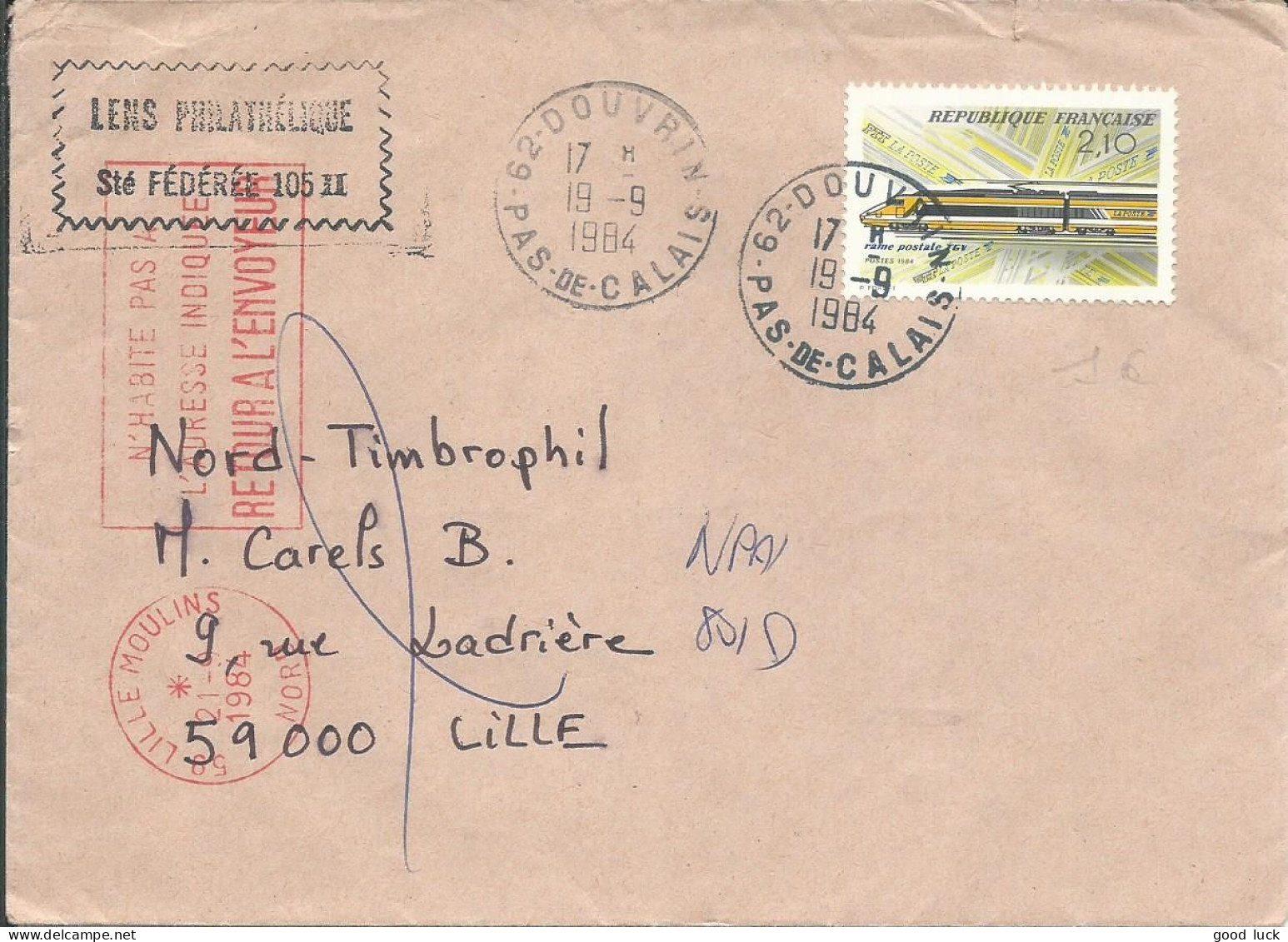 FRANCE LETTRE 2F10 DOUVRIN ( PAS DE CALAIS )  POUR LILLE ( NORD ) ET RETOUR ENVOYEUR DE 1984 LETTRE COVER - 1961-....