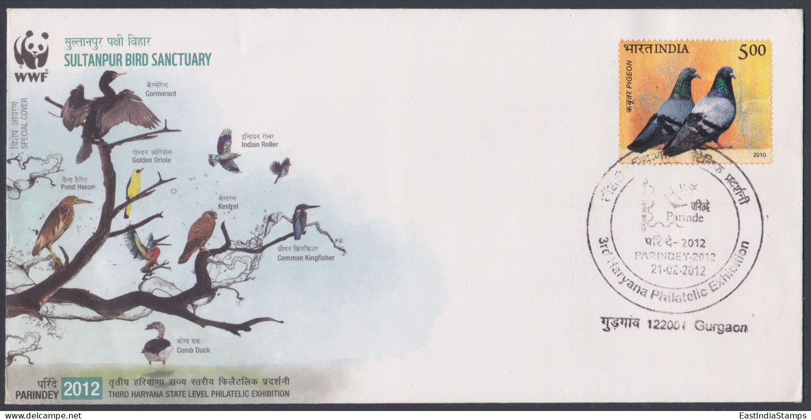 Inde India 2012 Special Cover Sultanpur Bird Sanctuary, Birds, Comorant, Kingfisher, Duck, Heron, Pictorial Postmark - Storia Postale