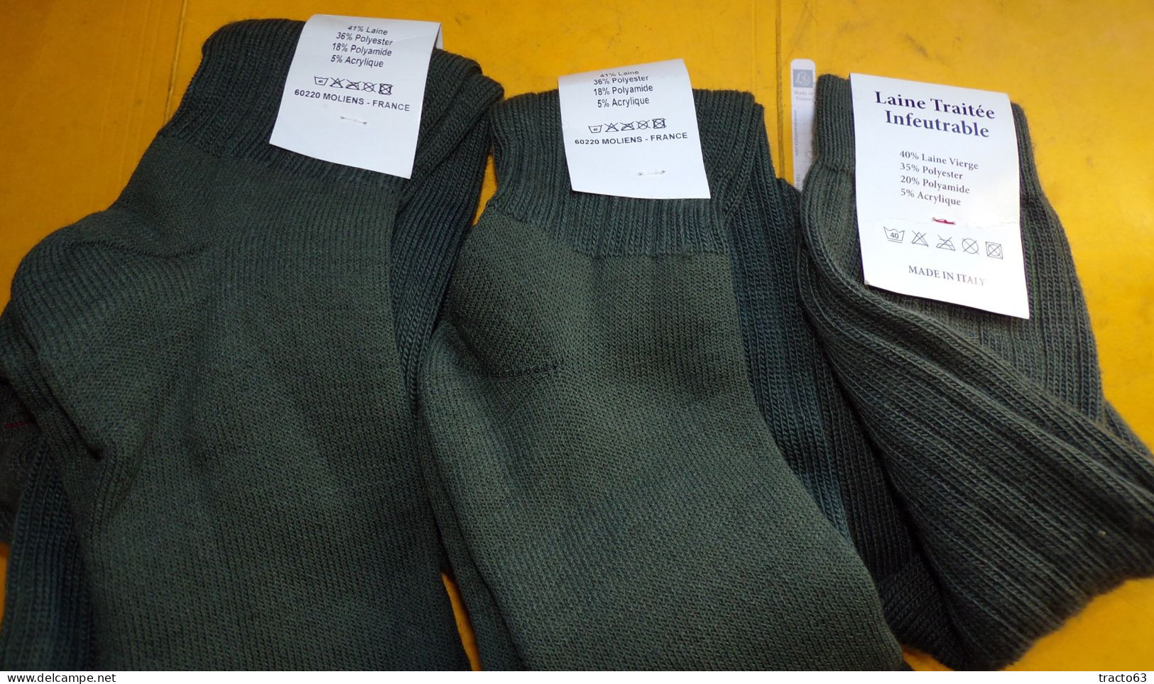 CHAUSSETTES KAKI POUR LE FROID EN LOT DE 3 , POINTURE 45/47 , 41% DE LAINE , FABRICATION FRANCAISE 60220 MOLIENS,  ETAT - Ausrüstung