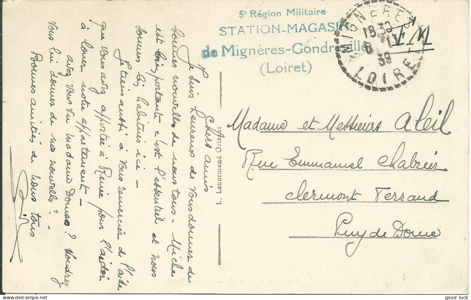 FRANCE CARTE FM + CACHET BLEU MIGNERES ( LOIRET ) POUR CLERMONT FERRAND ( PUY DE DOME ) DE 1939 LETTRE COVER - Guerre De 1939-45