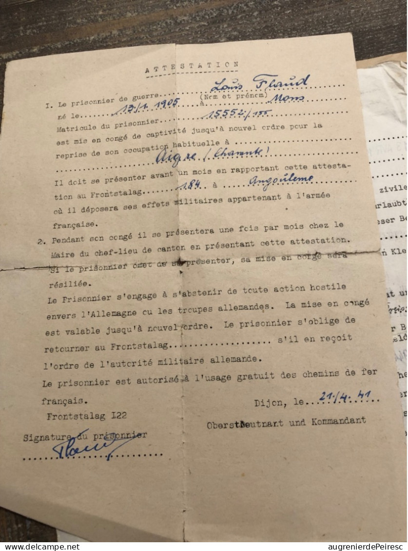 Papiers D’un Prisonnier Louis Flaud Du Stalag 122 1941 Mons ( Charentes) - 1939-45