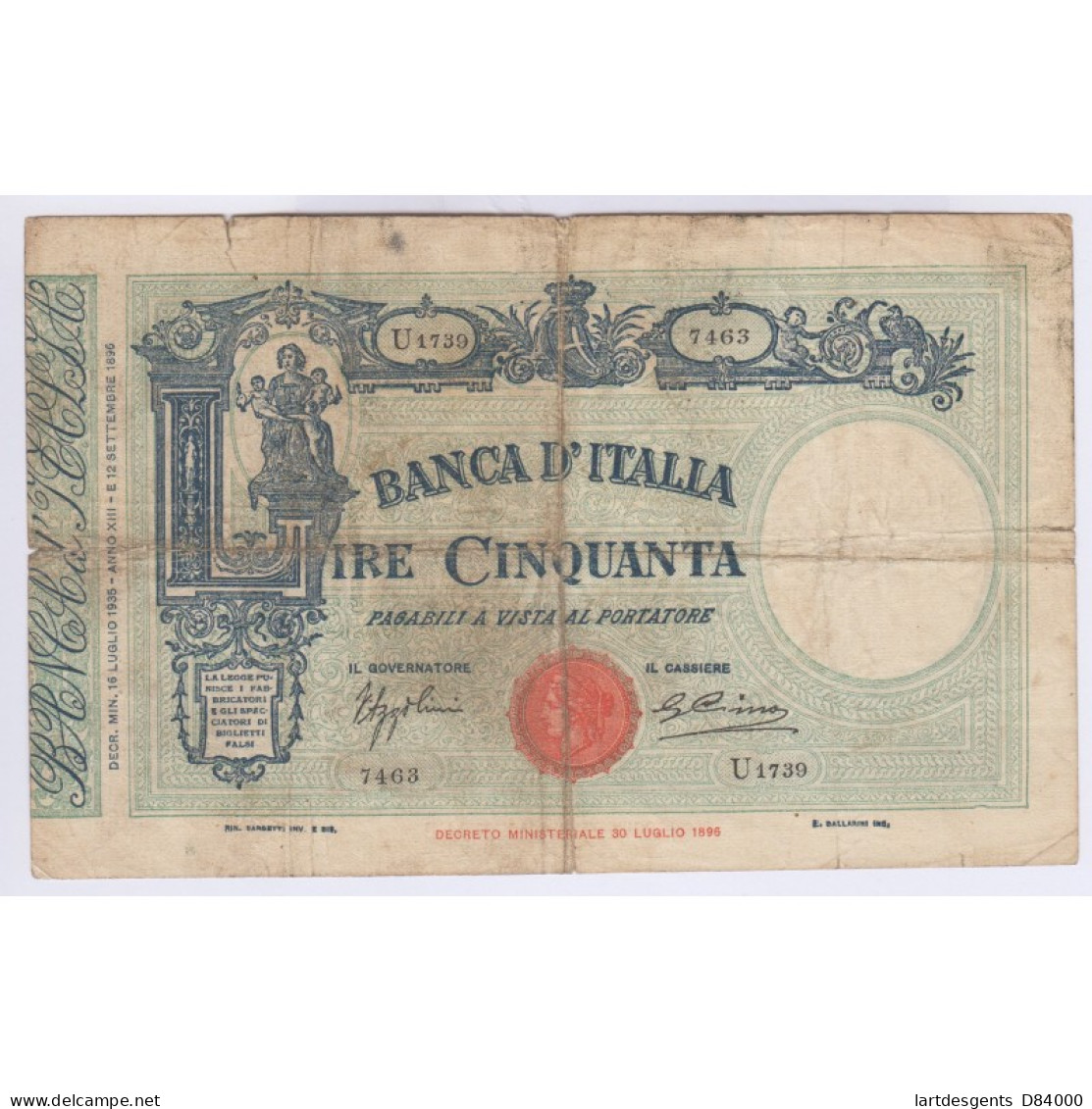 BILLET Italie 50 LIRE VITTORIO EMANUELE 1935 Lartdesgents AVIGNON - Autres & Non Classés