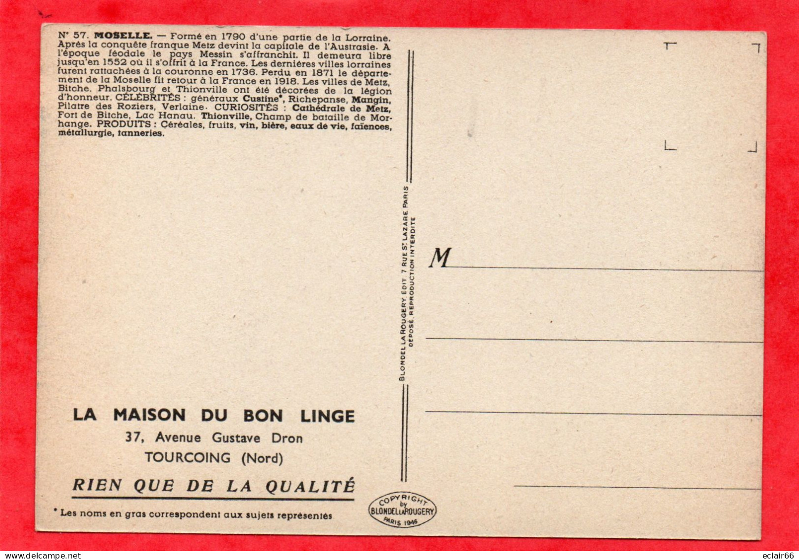 CARTE GEOGRAPHIQUE DEPARTEMENT MOSELLE N°57 EDIT BLONDEL ROUGERY+ PUB Maison Du Bon Linge Tourcoing - Maps