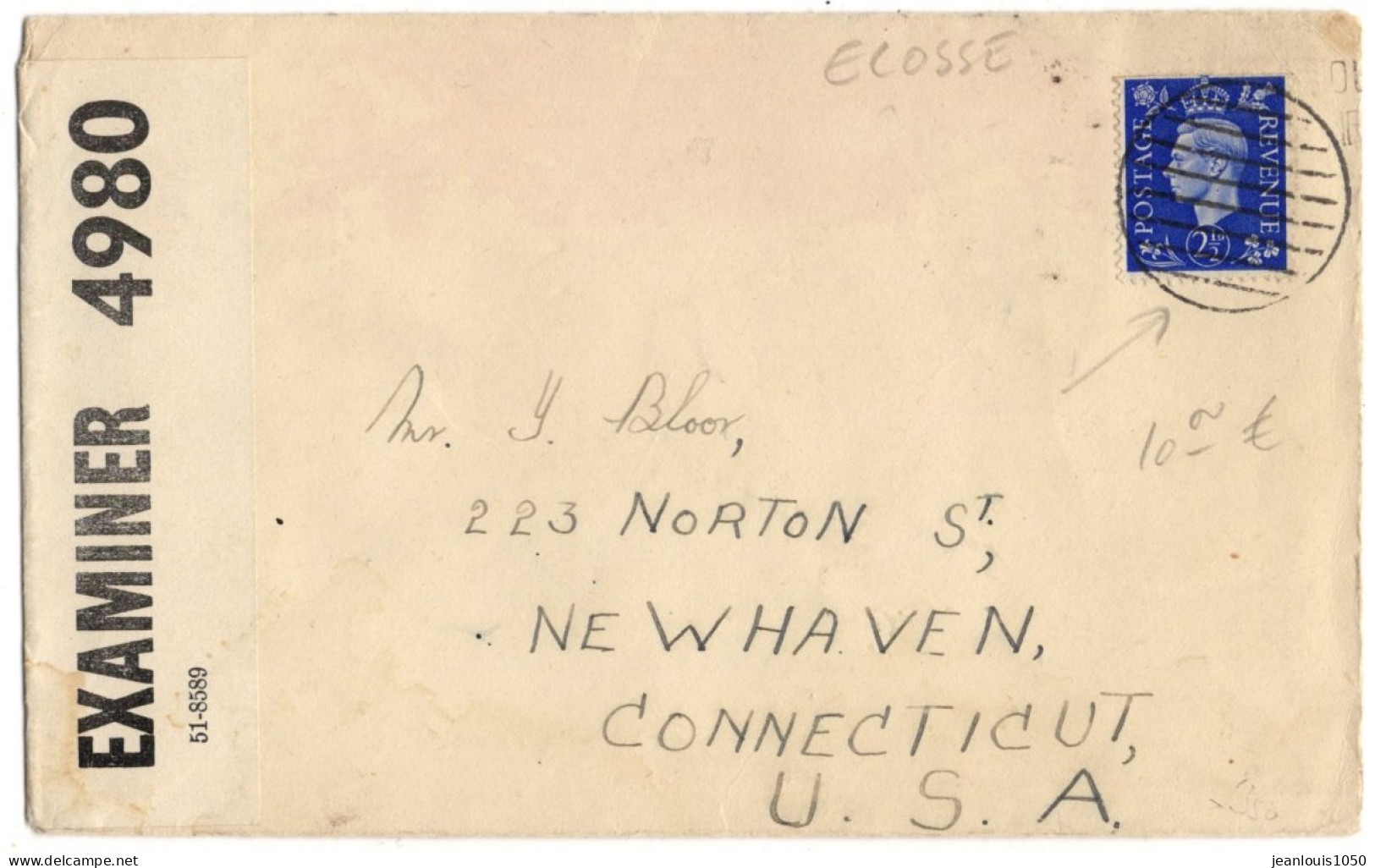 GRANDE BRETAGNE WW II YT N°213 SEUL SUR LETTRE  OBLITERATION MUETTE MARINE POUR LES ETATS UNIS BANDE DE CENSURE - Postmark Collection