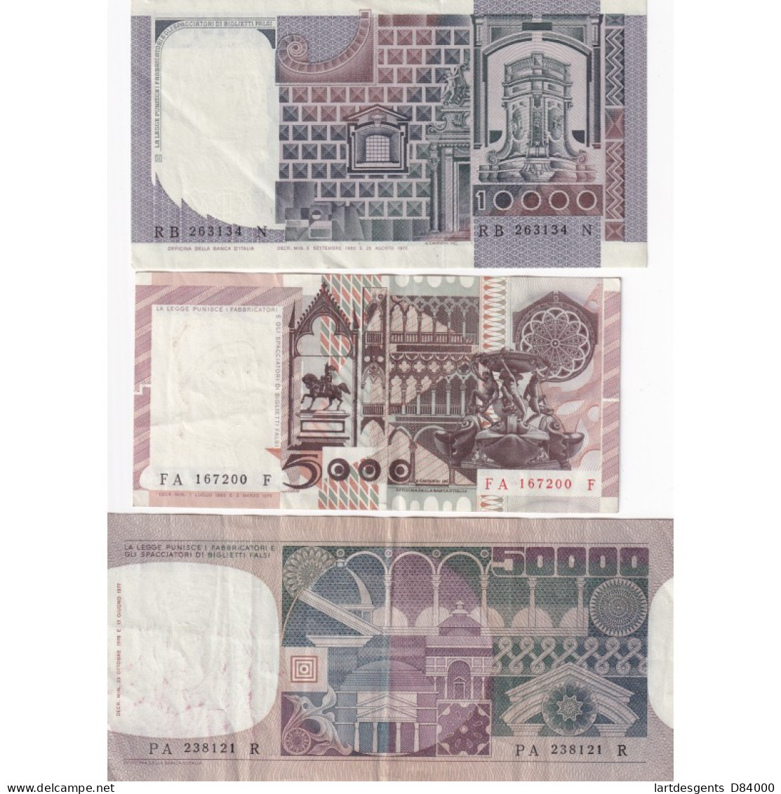 Billets Italie 5000 Lire 1980, 10000 Lire 1980, 50000 Lire 1978 - Lartdesgents.fr - Altri & Non Classificati