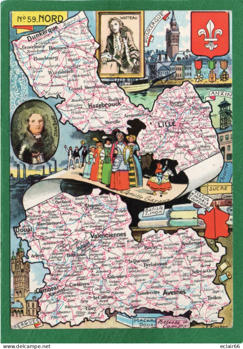 CARTE GEOGRAPHIQUE DEPARTEMENT NORD N°59 EDIT BLONDEL ROUGERY CPM Année 1947 - Cartes Géographiques