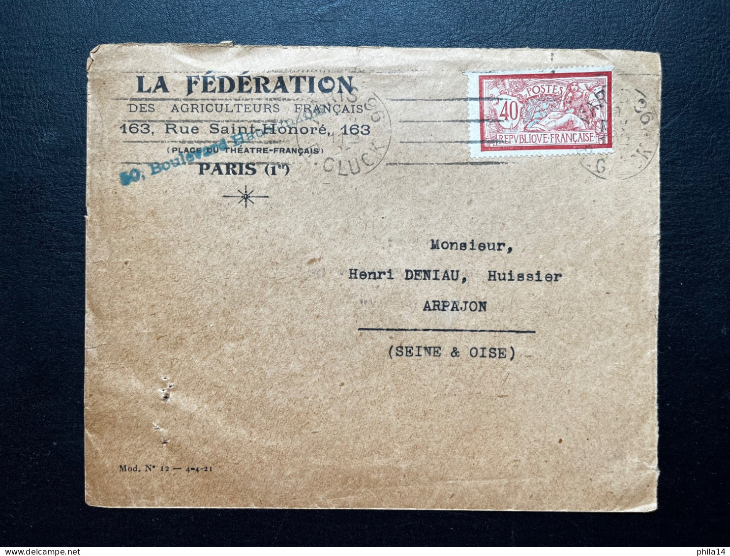 40c MERSON SUR ENVELOPPE / PARIS 96 38 R.GLUCK POUR ARPAJON / 1926 / LA FEDERATION DES AGRICULTEURS FRANCAIS - 1921-1960: Modern Period