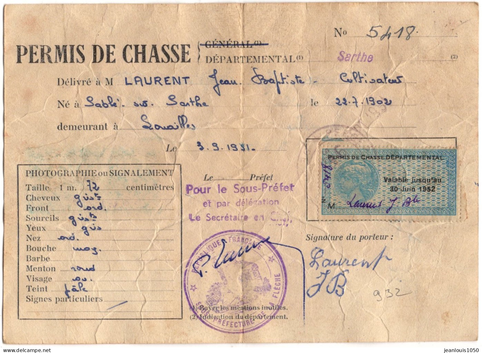 FRANCE CARTE PERMIS DE CHASSE AVEC TIMBRES DE 1951 A 1954 - Covers & Documents