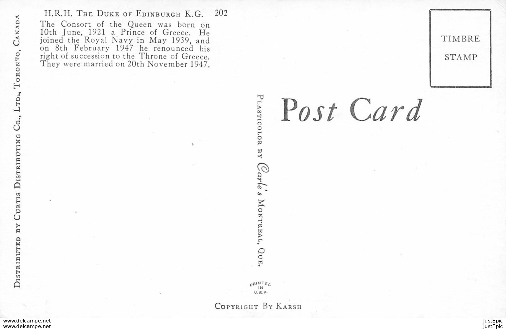 H.R.H. The Duke Of Edinburgh K.G. - Distributed By Curtis Ditributing Co., Ltd., Toronto, Canada CPSM PF - Königshäuser