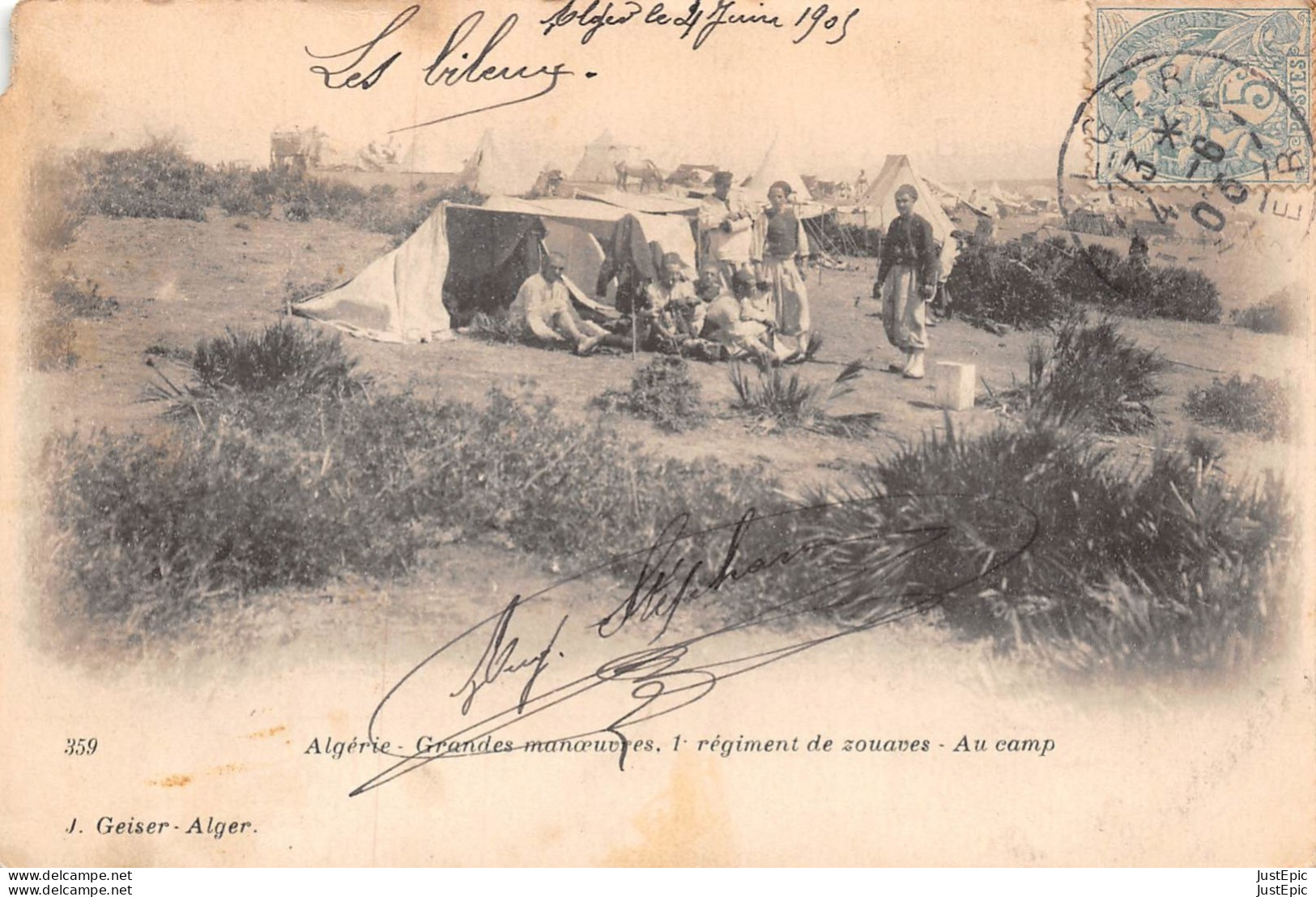 MILITARIA / ALGERIE / Grandes Manoeuvres - 1er Régiment De Zouaves - Au Camp - Édition Geiser - 1905 CPA - Régiments
