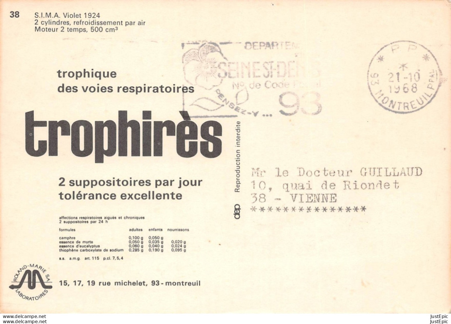 Cpsm Publicitaire "Trophirès" Laboratoires Roland-Marie - S.I.M.A - Violet 1924 - Cachet Postal MONTREUIL 1968 - Sonstige & Ohne Zuordnung