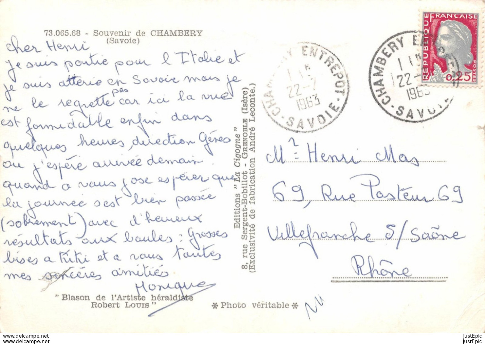 73 / Souvenir De Chambéry - Automobiles - Blason De L'artiste Héraldiste Robert Louis Éditions La Cigogne 1963 - Cpsm GF - Chambery