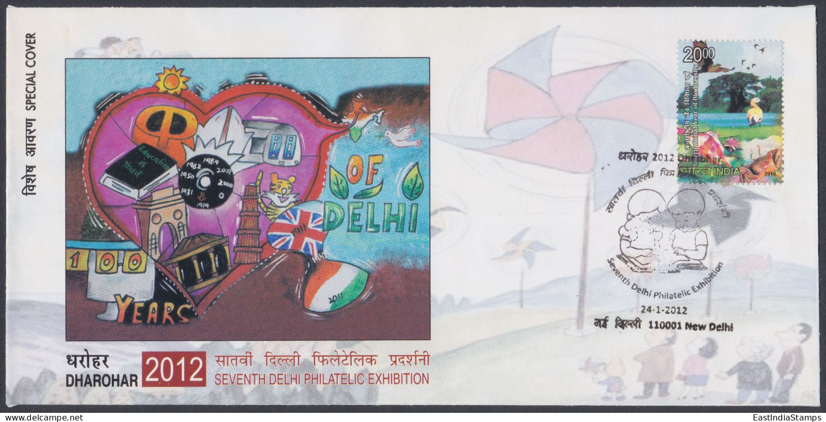 Inde India 2012 Special Cover Centenary Of New Delhi, Drawing, Flag, Monument, British Flags, Pictorial Postmark - Lettres & Documents