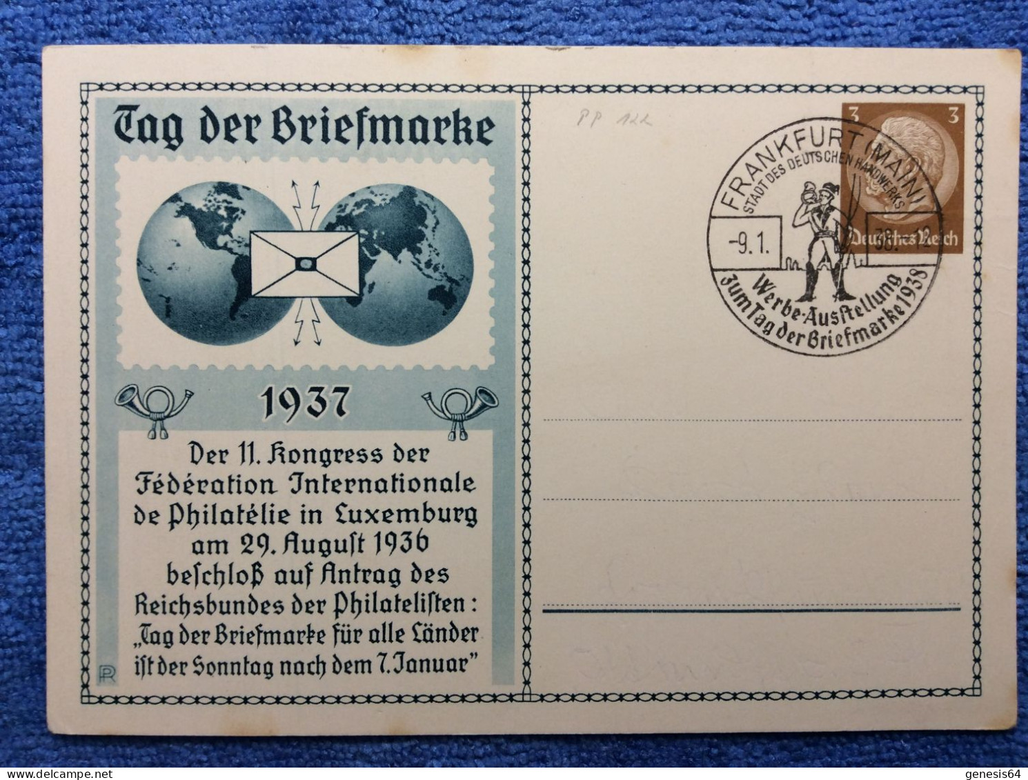 Deutsches Reich.  PP122 C35/03 - SST "FRANKFURT (MAIN) 8.1.38 - WERBE-Ausstellung Zum Tag Der Briefmarke" (1ZKPVT034) - Entiers Postaux Privés