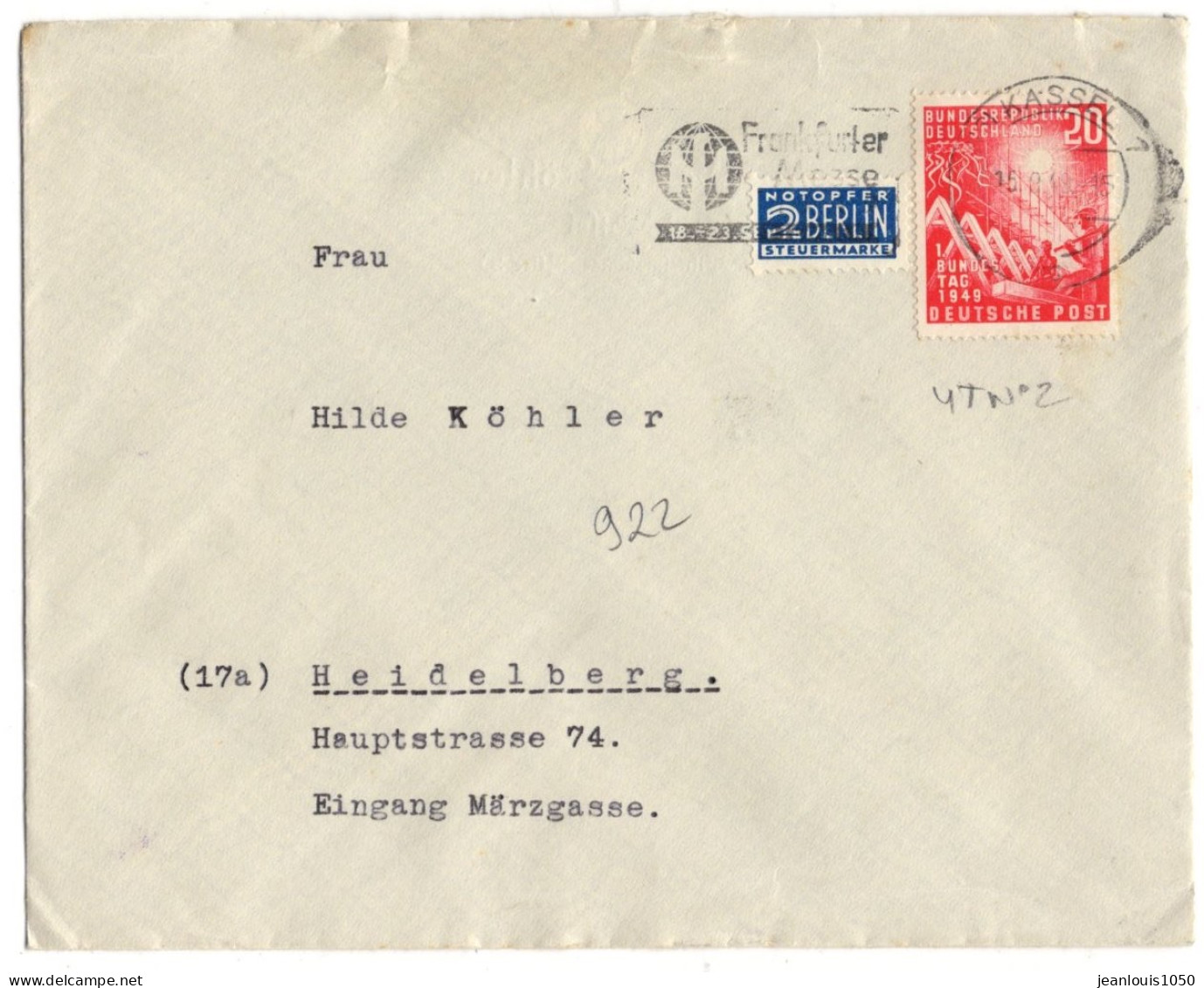 ALLEMAGNE BRD YT N°2 SEUL SUR LETTRE OBLITERE KASSEL 1949  NOTOPFER - Lettres & Documents