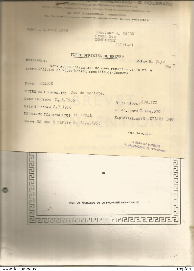 BREVET D'INVENTION  1958  JEU DE SOCIETE  Mr MACON à DOMPIERRE - Historische Dokumente