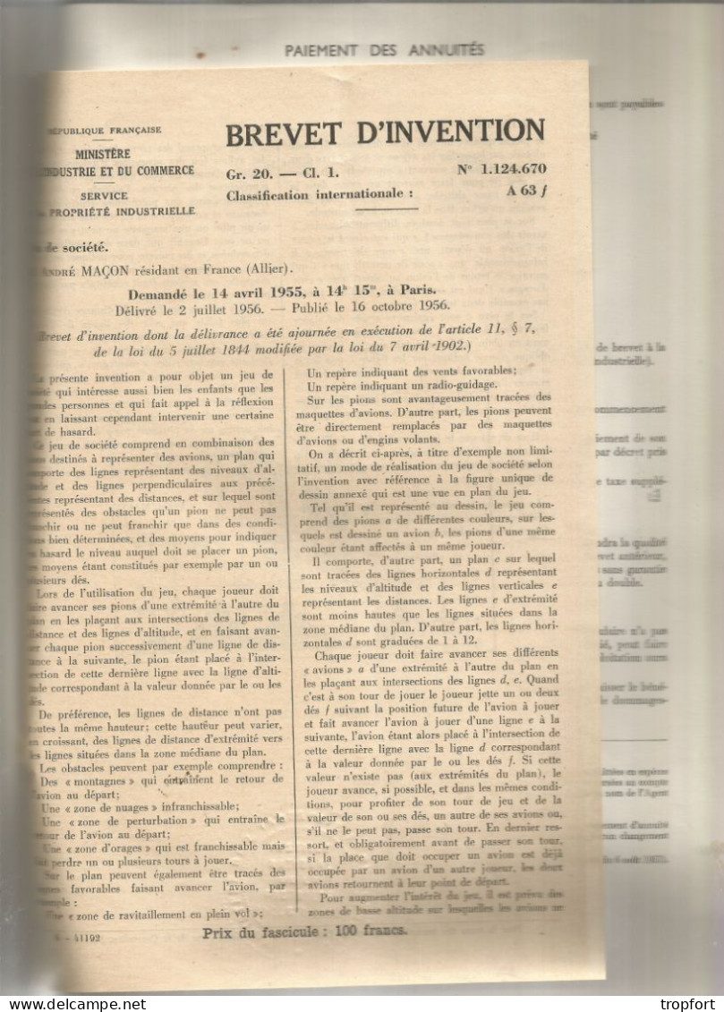 BREVET D'INVENTION  1958  JEU DE SOCIETE  Mr MACON à DOMPIERRE - Historische Dokumente