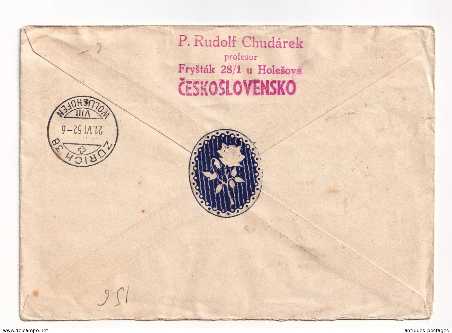 Czechoslovakia Registered 1952 Fryšták Freistadt Zürich Suisse Rudolf Chudarek Československo - Briefe U. Dokumente