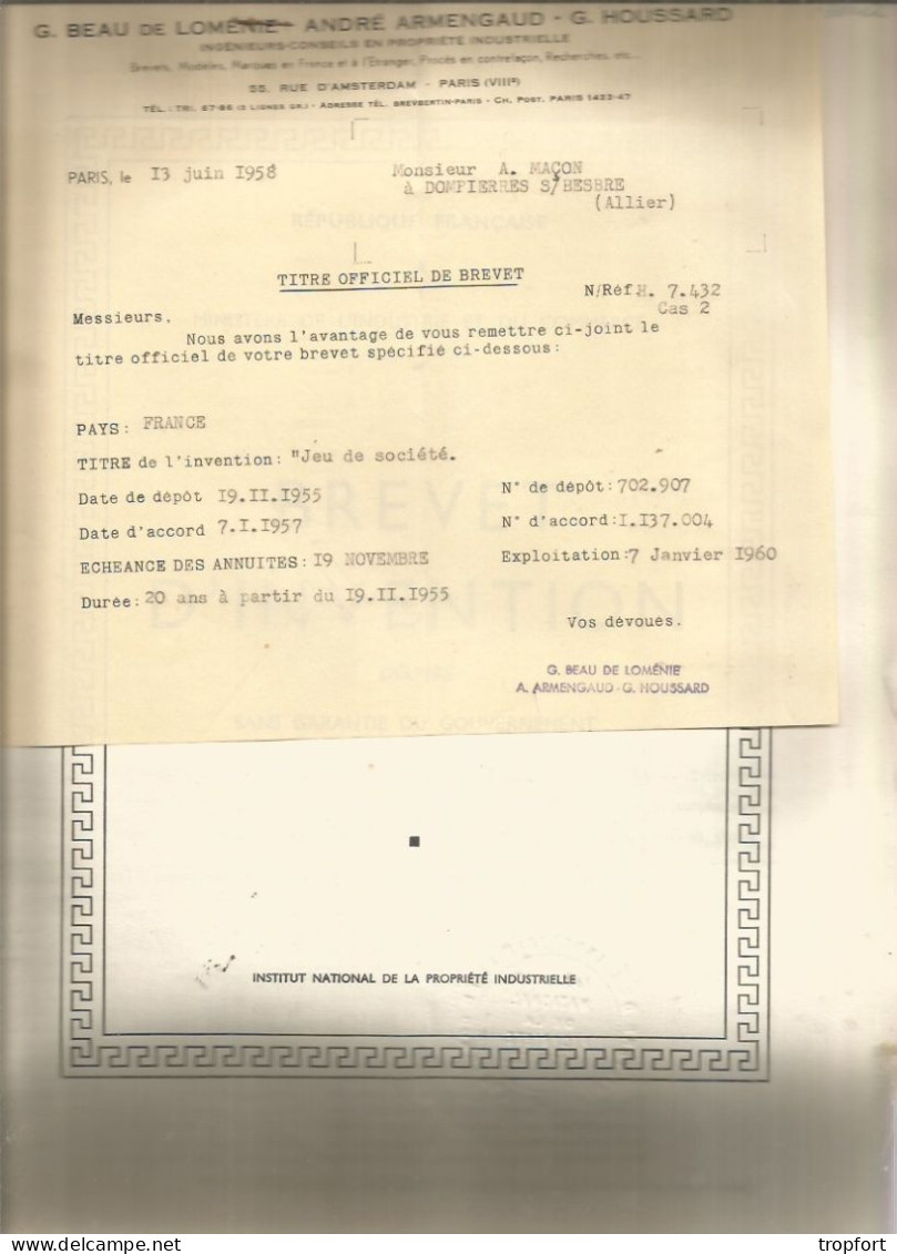 BREVET D'INVENTION  1958  JEU DE SOCIETE  Mr MACON à DOMPIERRE - Documents Historiques