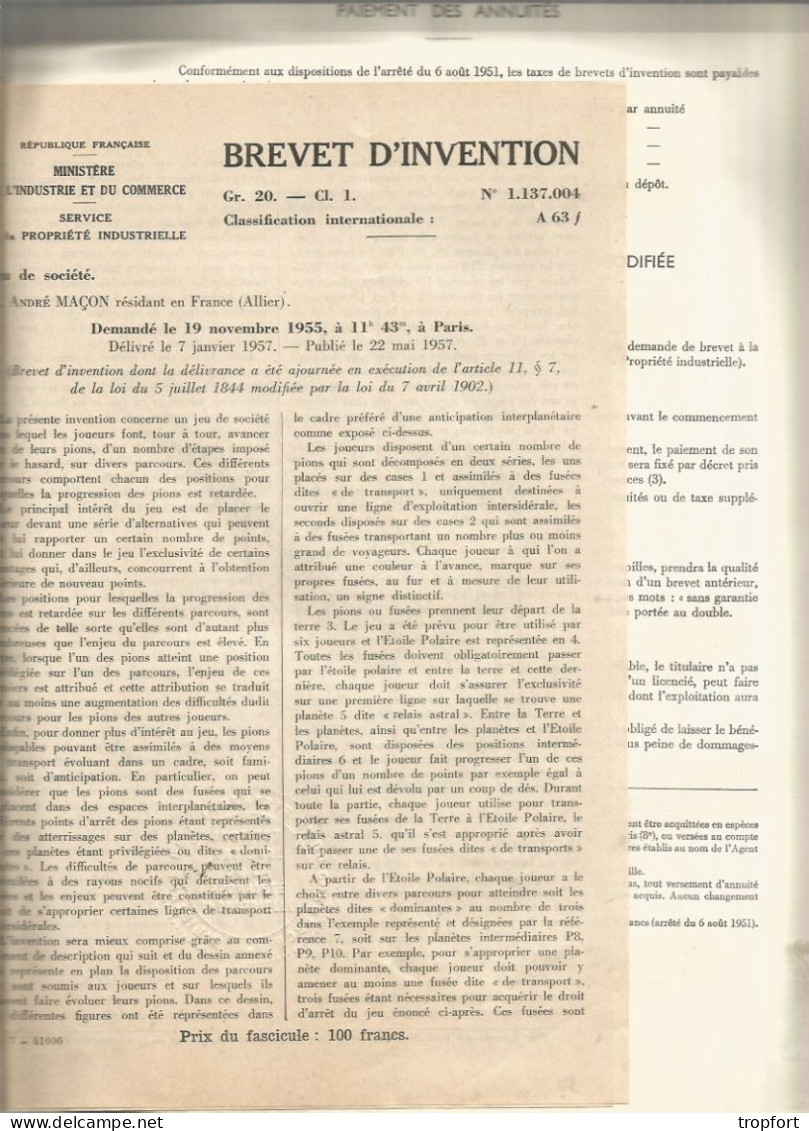 BREVET D'INVENTION  1958  JEU DE SOCIETE  Mr MACON à DOMPIERRE - Documents Historiques