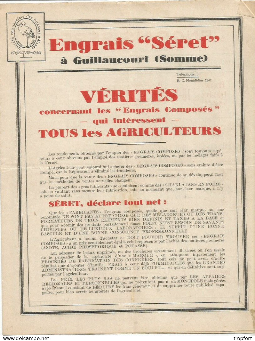 Feuillet Publicitaire  AGRICOLE AGRICULTURE  ENGRAIS SERET  GUILLANCOURT  Somme - Publicités