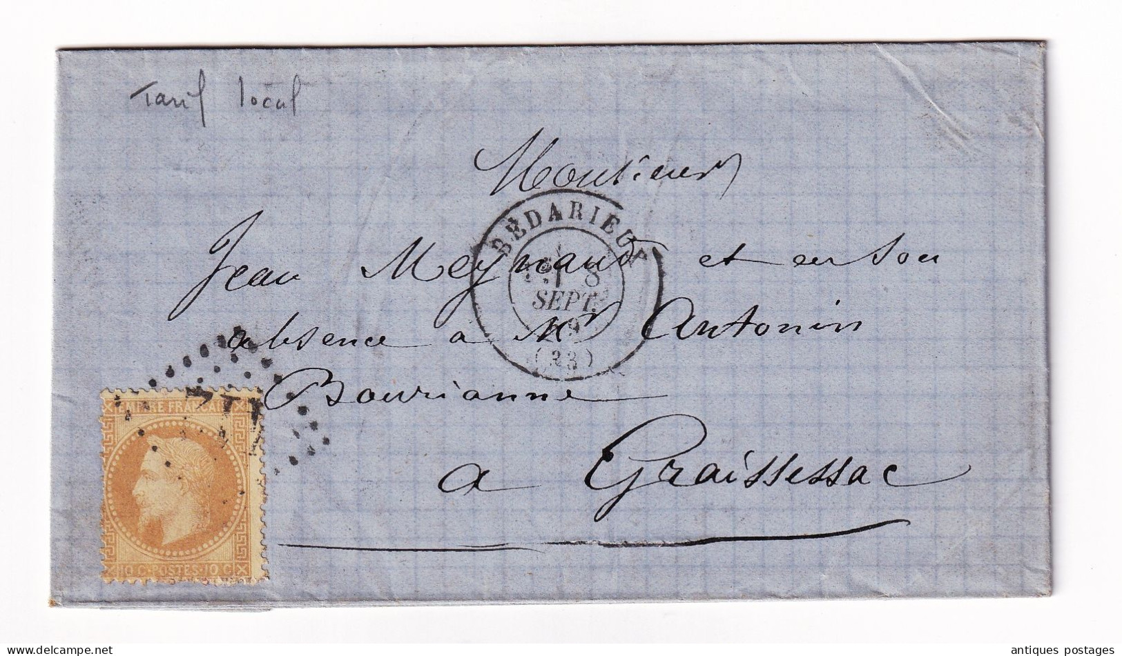 Lettre 1869 Bédarieux Hérault Graissessac Timbre Napoléon III Lauré 10 Centimes - 1863-1870 Napoléon III Lauré