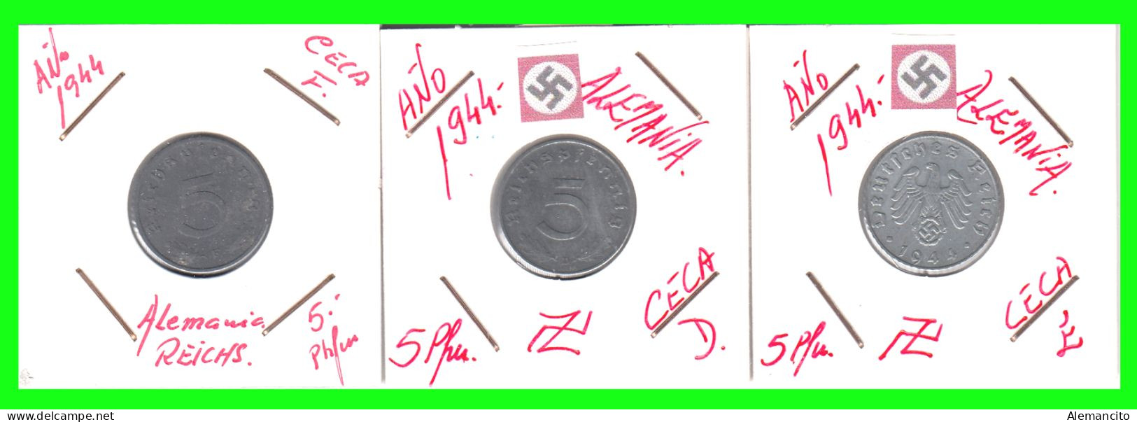 ALEMANIA - GERMANY 3 MONEDAS DE 5 REICHSPFNNIG TERCER REICHS ( AÑO 1944 CECAS ( -D - E - F )  COMPOCISIÓN ZINC - 5 Reichspfennig