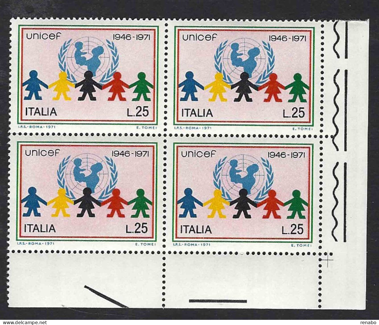 Italia 1971; 25° Anniversario UNICEF Da Lire 25; Quartina Di Angolo Inferiore. - 1971-80: Mint/hinged