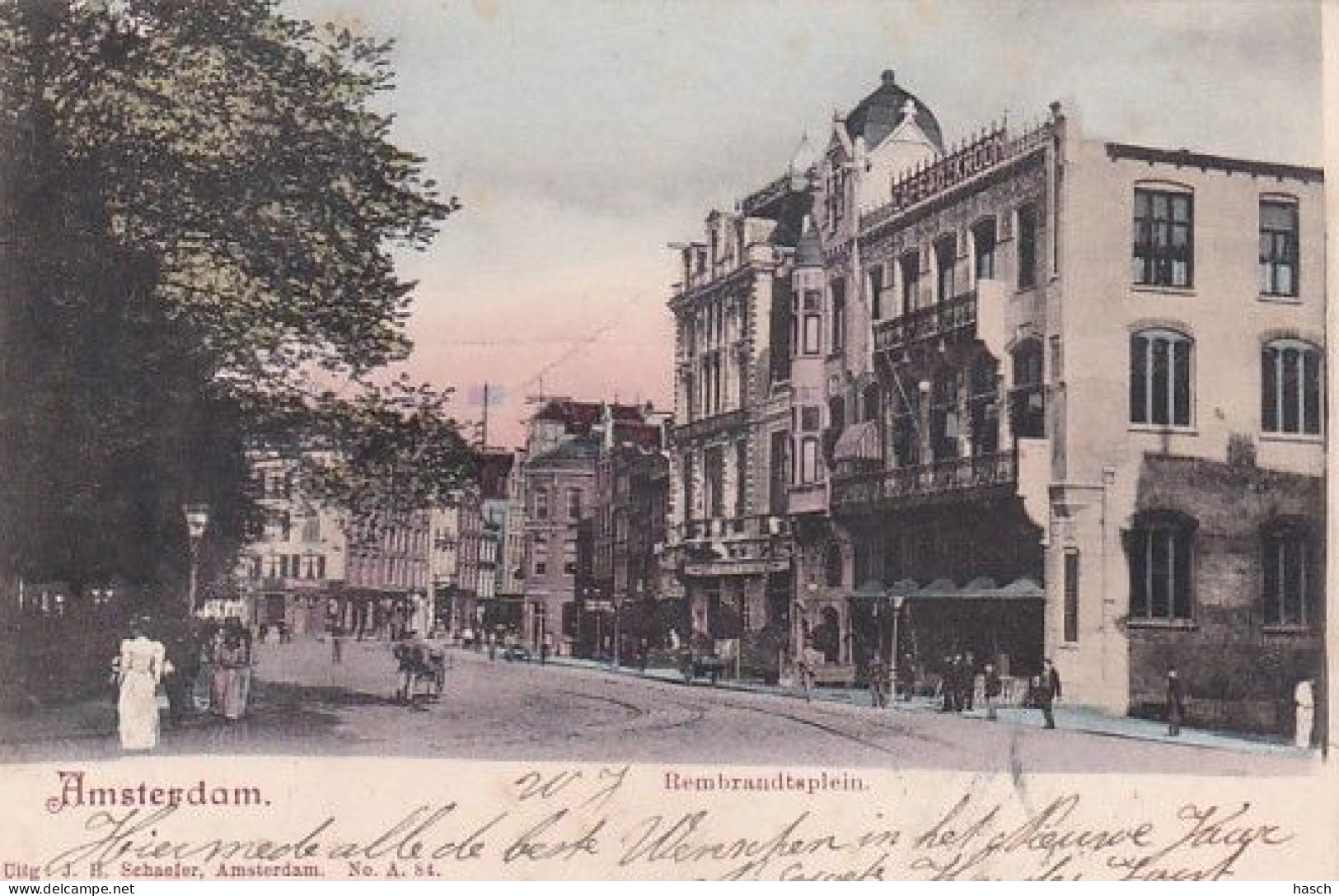 1838	28	Amsterdam, Rembrandtsplein Café ,,de Kroon’’ (poststempel 1903) - Amsterdam