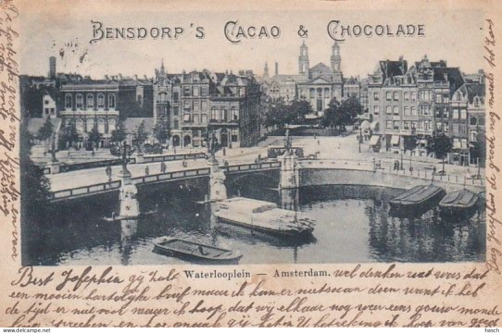 1838	8	Amsterdam, Waterlooplein Met Reclame Bensdorp’s Cacao & Chocolade En Paardentram (poststempel 1901)(zie Hoeken En - Amsterdam