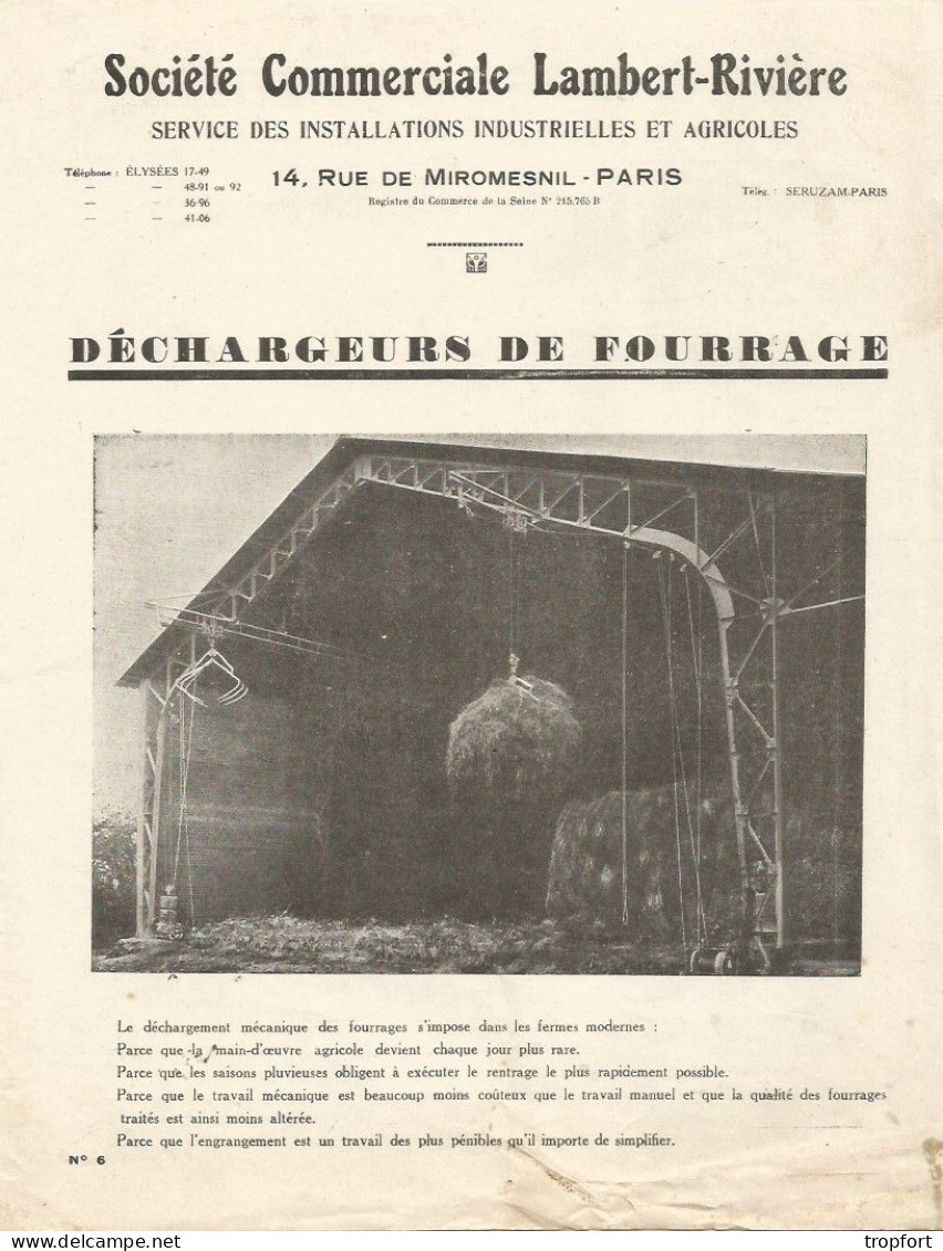 Feuillet  Publicitaire  AGRICOLE AGRICULTURE  Déchargeur De Fourrage  Lambert Rivière PARIS - Publicités