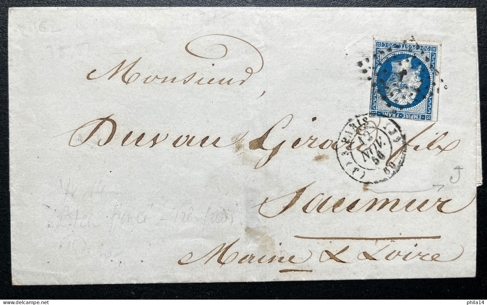 N°14 20c BLEU NAPOLEON SUR LETTRE / PARIS J POUR SAUMUR / 12 NOV 1856 / LSC - 1877-1920: Semi-Moderne