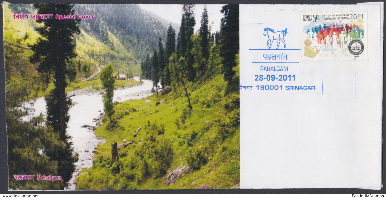 Inde India 2011 Special Cover Pahalgam, River, Mountain, Mountains, Horse, Horses, Tree, Trees, Pictorial Postmark - Brieven En Documenten