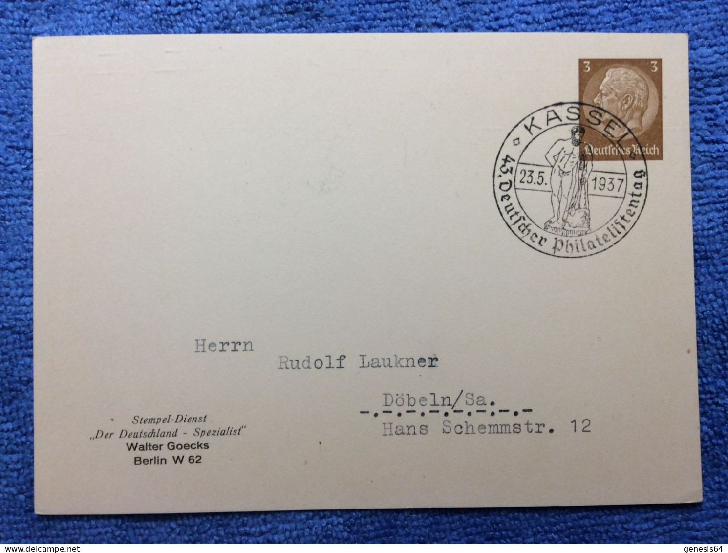 DR - PP122 B7/01 - Walter Goeks, SST "Kassel 23.5.1937 43. Deutscher Philatelistentag"  (1ZKPVT039) - Private Postal Stationery