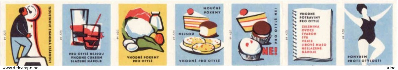 Czech Republic, 7 X Matchbox Labels, Healthy Diet For A Slim Figure, Dessert, The Weight - Boites D'allumettes - Etiquettes