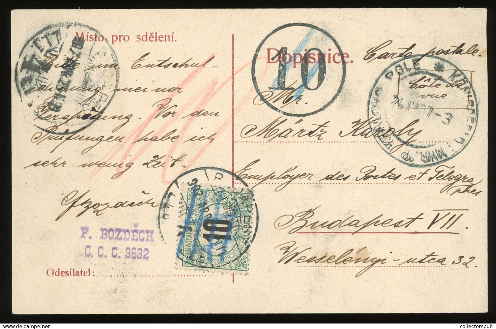 KÖNIGSFELD Old Postcard To Hungary With Postage Due Cancellation And Stamp 1907. - Briefe U. Dokumente
