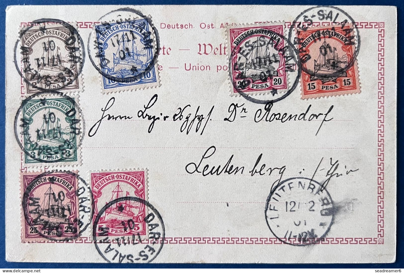 Carte Postale 1901 Allemagne Orientale DEUTSCH OSTAFRICA N°11 à 17 Oblitérés Dateur " DAR ES SALAAM Pour LEUTENBERG RR - Afrique Orientale