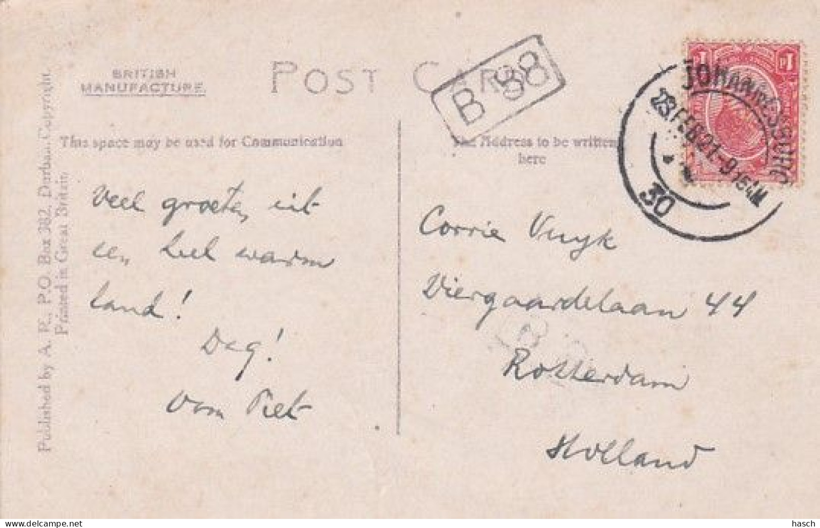 18303Town Gardens, Monuments (postmark 1921)(multiple Crease) - South Africa