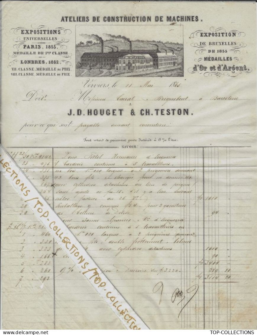 1865 ENTETE J.D.HOUGET & Ch. Teston Construction Machines Verviers  Pour Barcelonne  Drome V.HISTORIQUE - 1800 – 1899