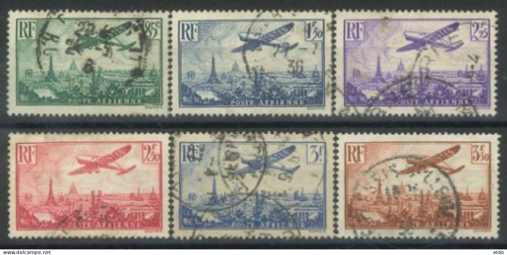 FRANCE - 1936 - PLANE FLYING OVER PARIS STAMPS COMPLETE SET OF 6,  # 8/13, USED - Oblitérés