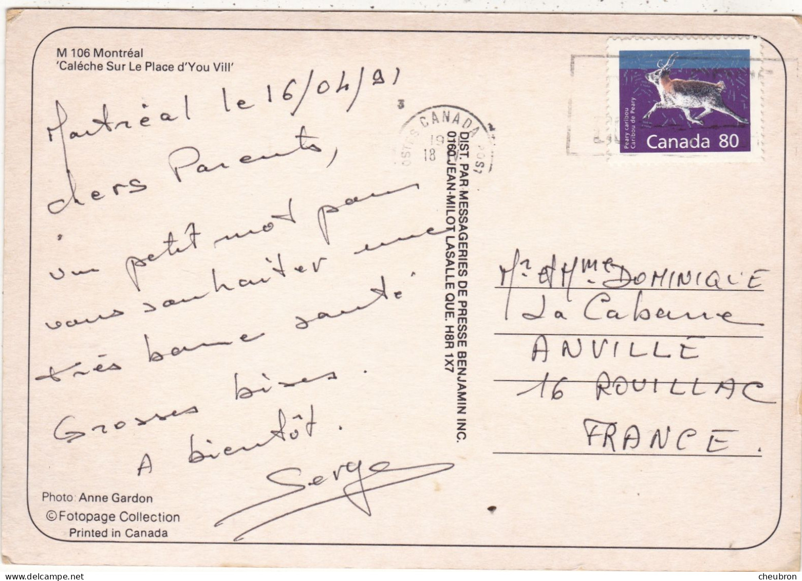 CANADA. MONTREAL ( ENVOYE DE). " CALECHE SUR LA PLACE D'YOU VILL" . ANNEE 1991 + TEXTE + TIMBRE. FORMAT 17x 12 Cm - Montreal