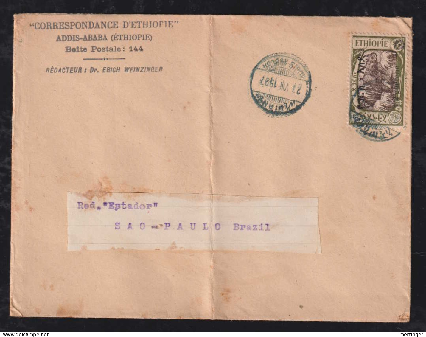 Ethiopia 1927 Printed Matter ½G Overprint Stamp ADDIS ABABA X SAO PAULO Brasil - Äthiopien