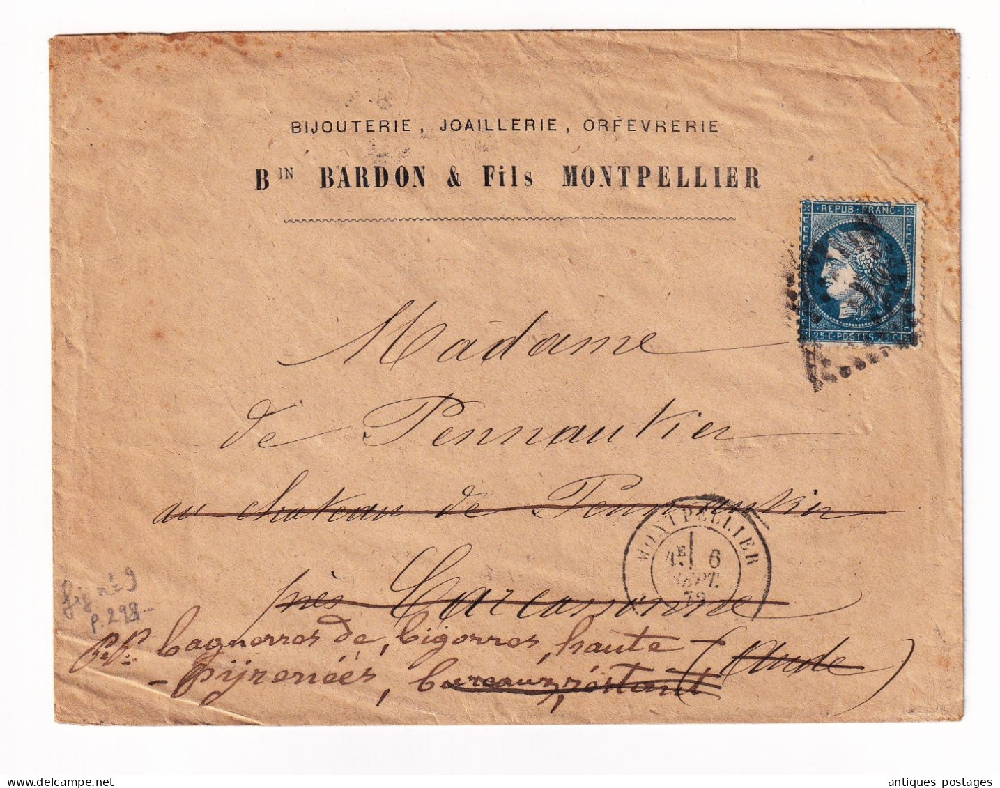 Lettre 1872 Montpellier Hérault Bardon & Fils Bijouterie Joillerie Orfévrerie Carcassonne Aude - 1871-1875 Cérès