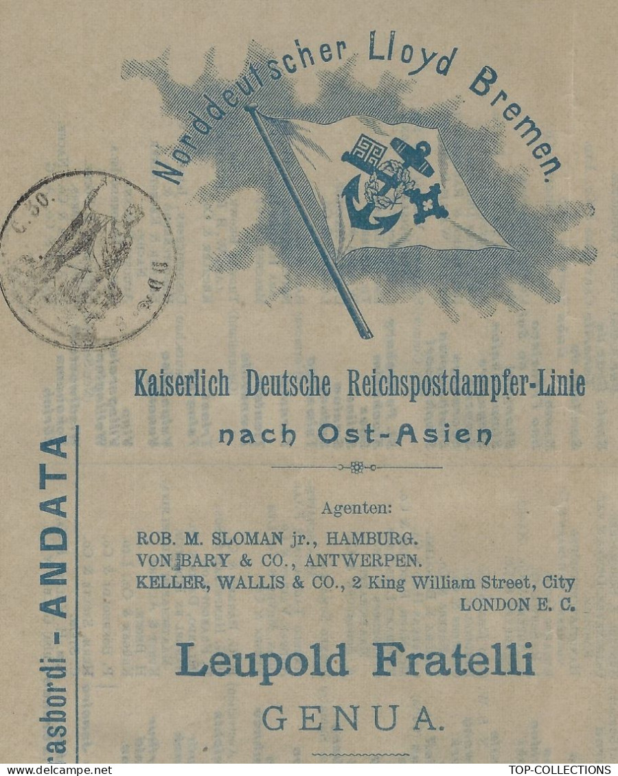 1908	 NAVIGATION BILL OF LADING CONNAISSEMENT KONNOSSEMENT NORDDEUTSCHER LLOYD Bremen  De Genua  Italie Pour SHANGAI - 1800 – 1899