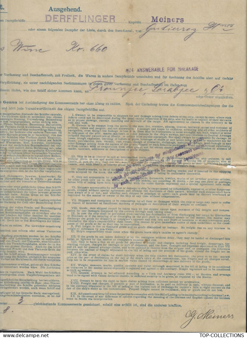 1908	 NAVIGATION BILL OF LADING CONNAISSEMENT KONNOSSEMENT NORDDEUTSCHER LLOYD Bremen  De Genua  Italie Pour SHANGAI - 1800 – 1899