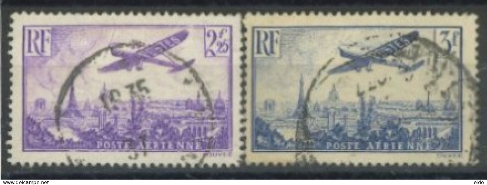 FRANCE - 1936 - PLANE FLYING OVER PARIS STAMPS SET OF 2,  # 10, &12, USED - Oblitérés