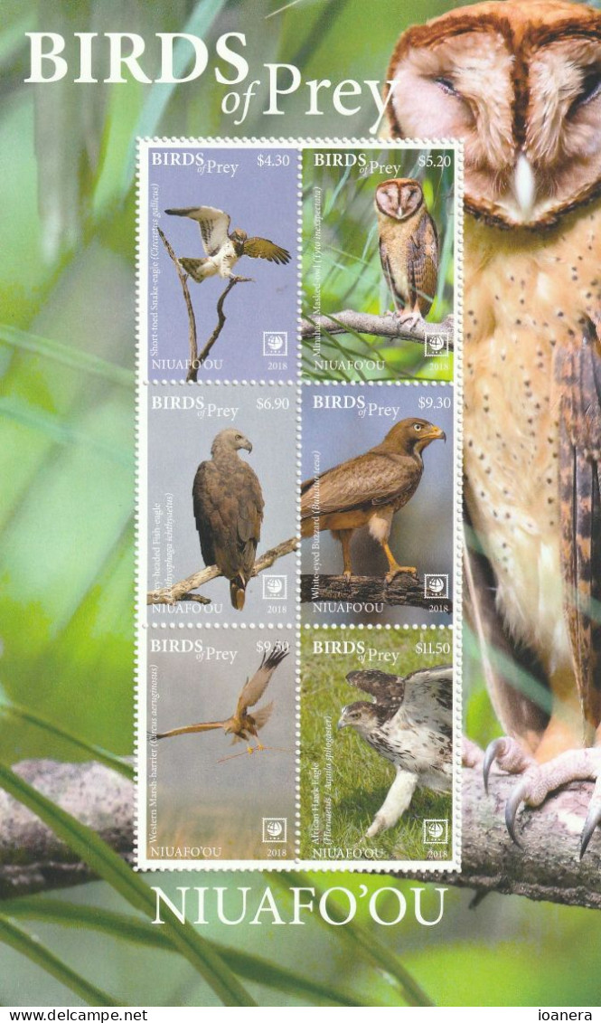 Niuafo'ou 2018 - Fauna, Birds Of Prey , Block  6 Values , Perforated , MNH , Mi.Bl.83 - Tonga (1970-...)