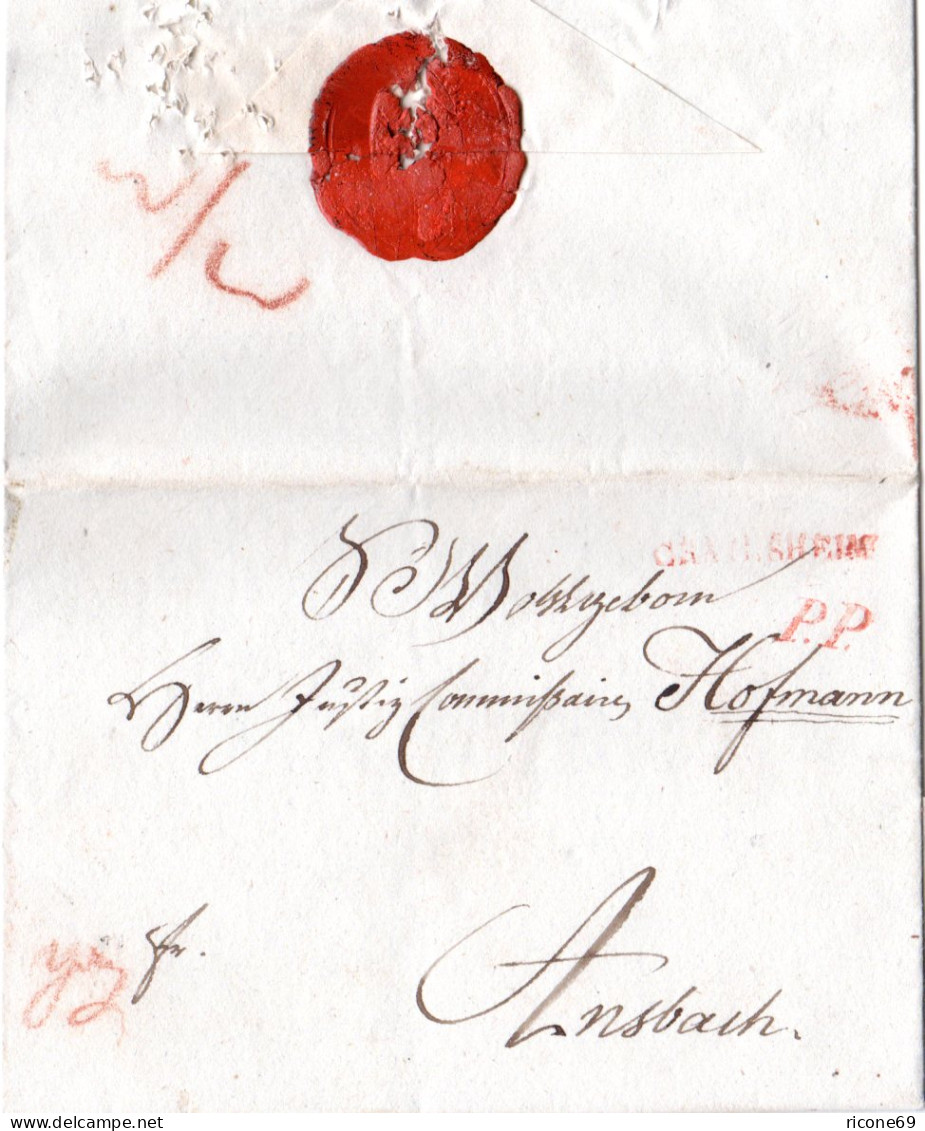 Württemberg 1815, Roter L1 CRAILSHEIM U. P.P. Auf Franko Brief N. Ansbach Bayern - Prephilately