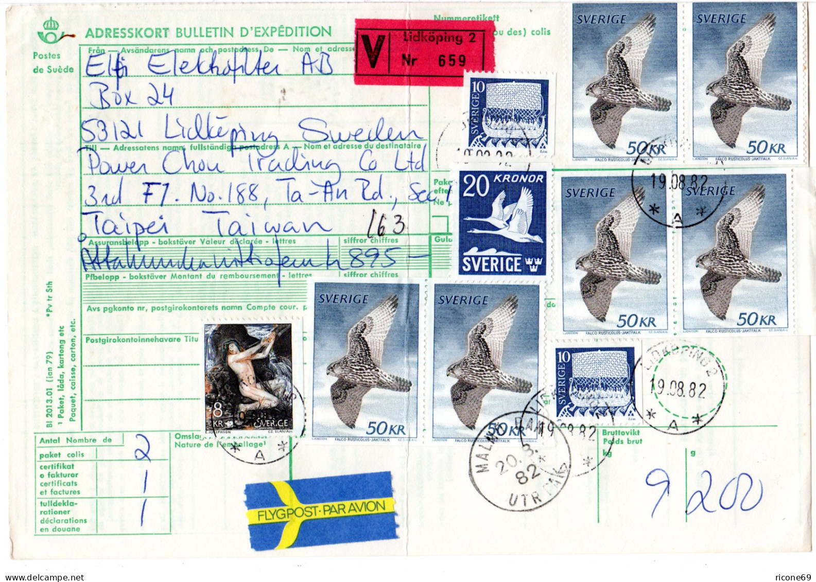 Schweden 1982, 10 Marken Auf Luftpost Wert Paketkarte V. Lidköping N. Taiwan - Lettres & Documents